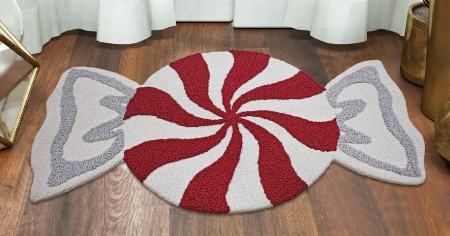 peppermint candy shaped rug on wood floor