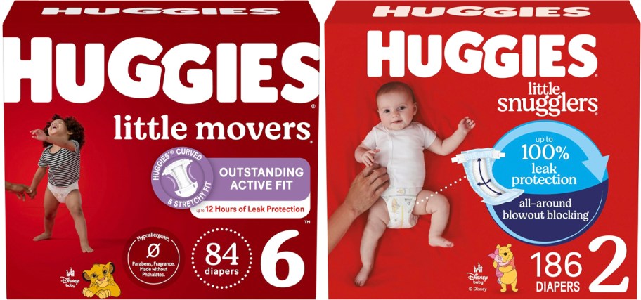 two boxes of huggies little movers and little snugglers diapers