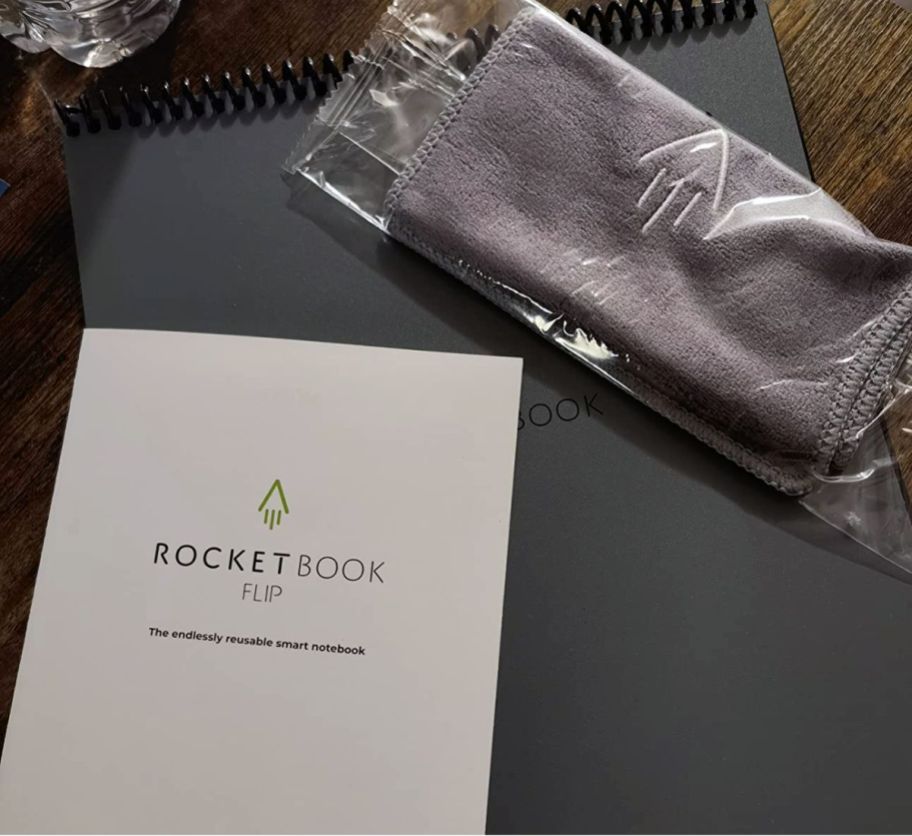 rocketbook shown with user manual and cleaning cloth