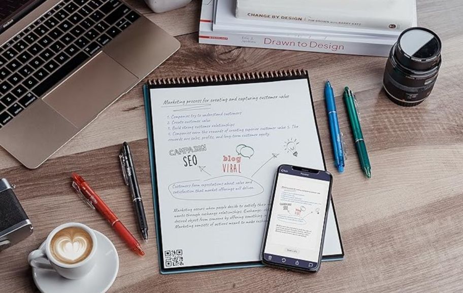 rocketbook flip shown with phone laptop on a desk