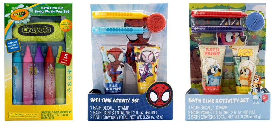 crayola, spiderman, and bluey bath gift sets 
