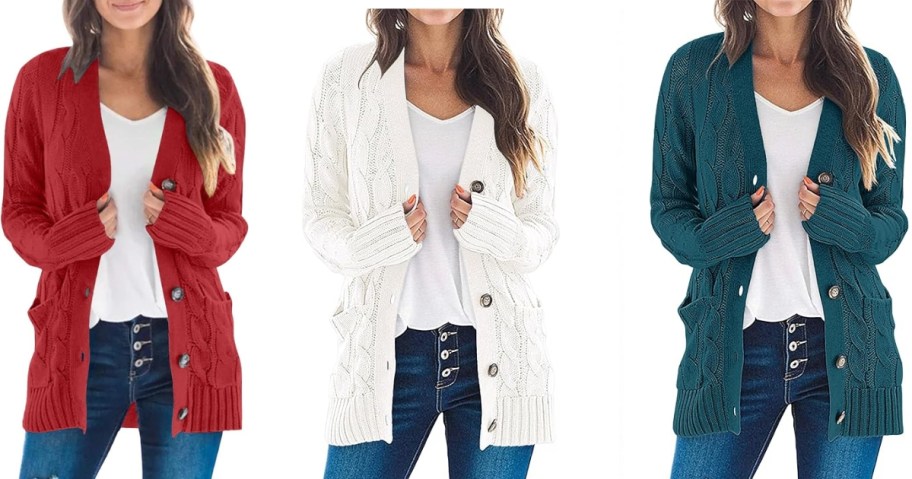 3 women wearing different color cardigans, white tops, and jeans