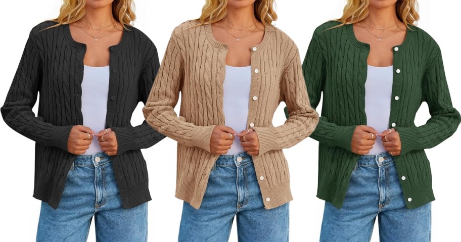 3 women wearing different color cardigans, white tops, and jeans