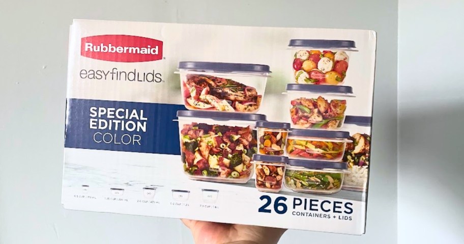 hand holding a white box with a Rubbermaid Easy Find Lids 26-Piece Set&nbsp;- clear containers with blue lids are shown on the box and it says Special Edition color