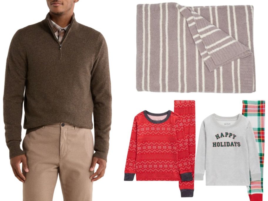 A man in a brown sweater, a tan blanket, and holiday pajamas