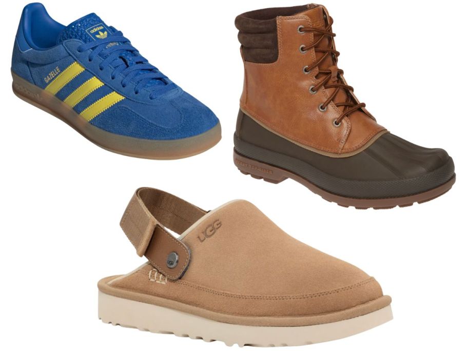 A boot, blue sneaker, & slipper