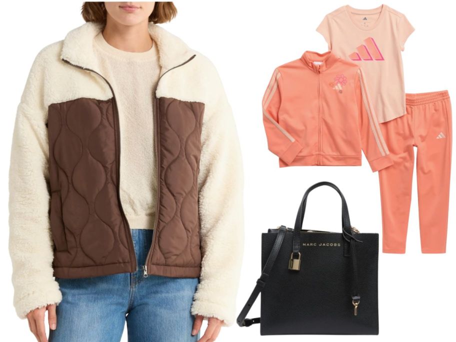 A woman in a sherpa jacket, kids activewear set in peach, a black purse