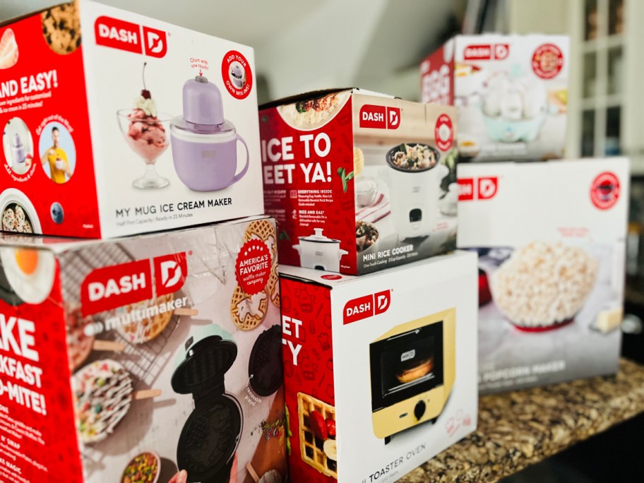 boxes of dash mini appliances on kitchen counter