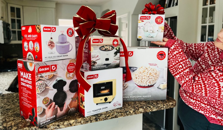 stacks of dash mini appliances with christmas bow