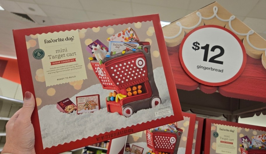 a woman holding a mini target cart cookie kit on a store shelf