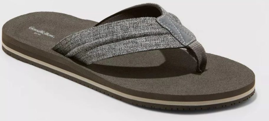 Men&rsquo;s Goodfellow & Co. gray fabric flip-flop sandal with dark footbed and textured sole, displayed on a white background