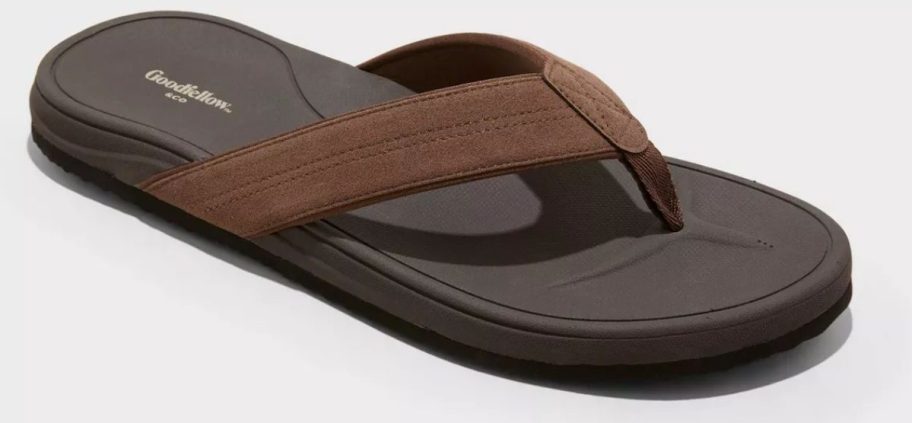 Men&rsquo;s brown and dark gray flip-flop sandal from Goodfellow & Co. with wide fabric straps and a contoured footbed, shown on a white background.