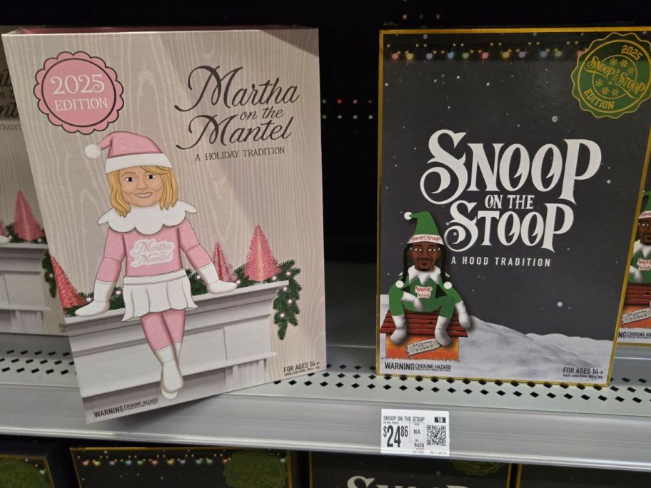 martha on the mantel and snoop on the snoop boxes on shelf in store