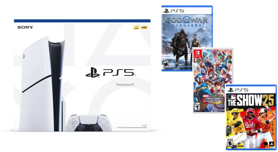 playstation next to games on a white background