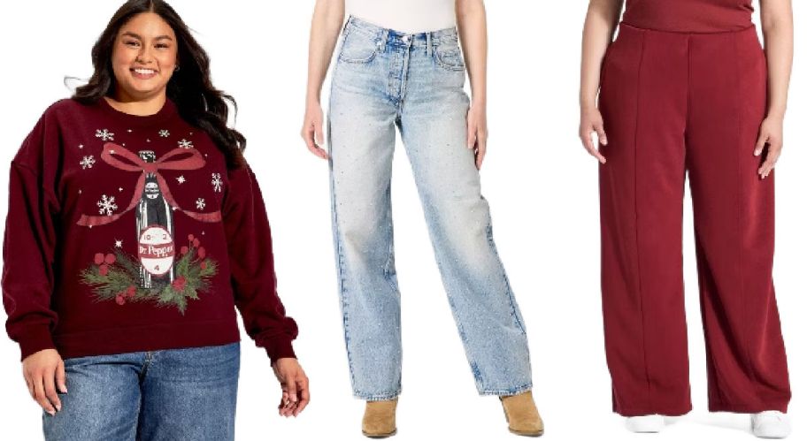 woman from the waist up next to two pairs of pants