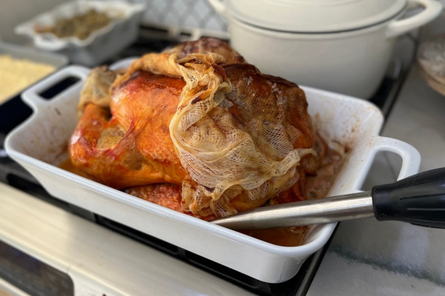cheesecloth over a turkey with a baster