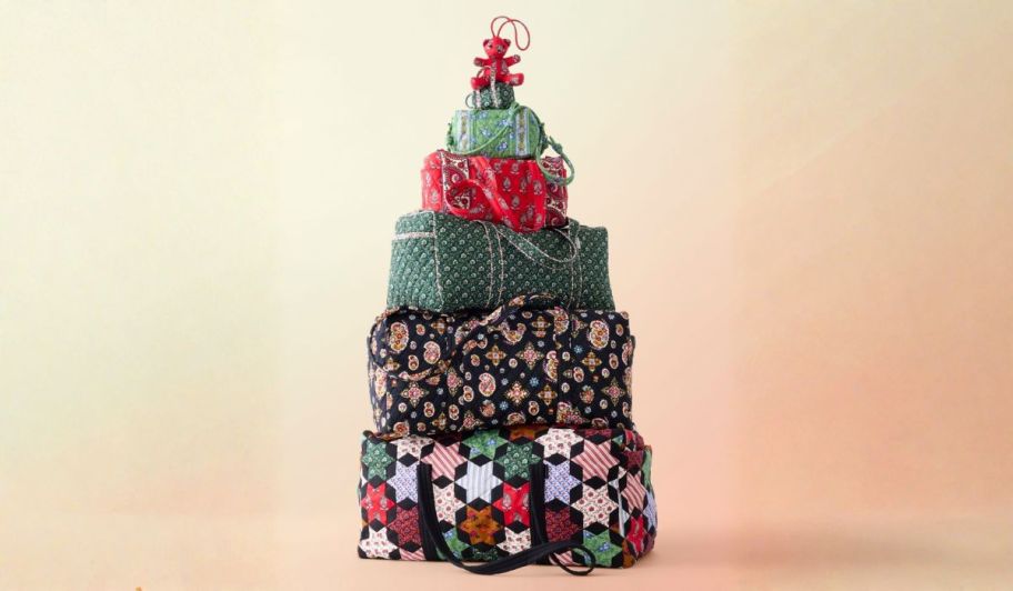 vera bradley quilted bags stacked in the shape of a Christmas tree