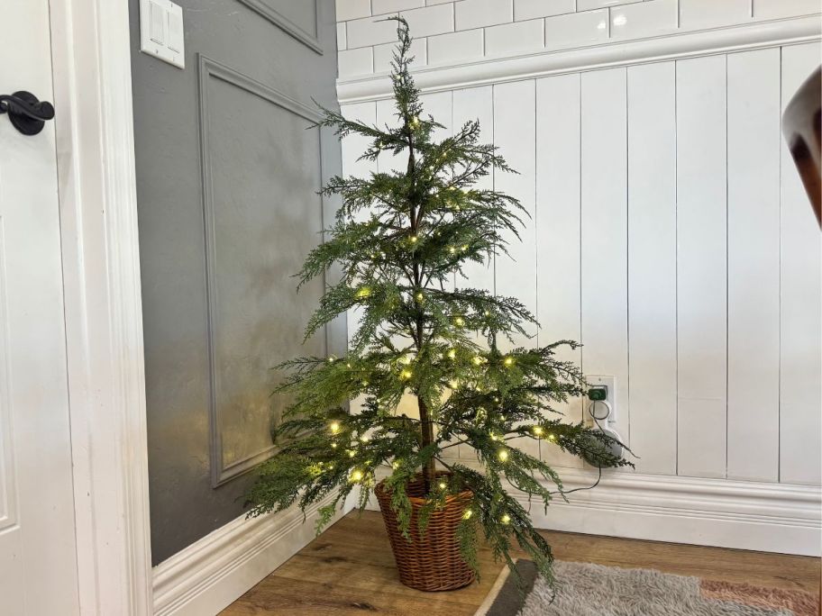 My Texas House 4' Pre-Lit Green Cypress Artificial Christmas Potted Tree in corner of room