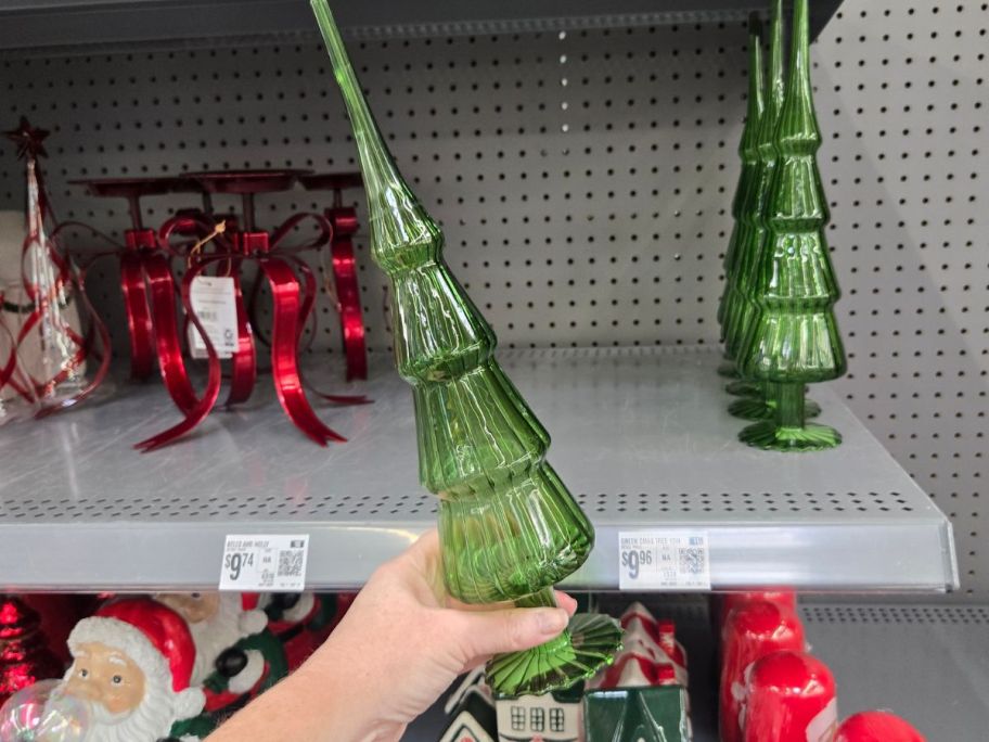 green Glass Christmas Tree in hand in store
