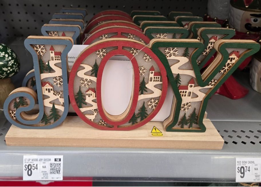 Light-Up Wood Joy Decor on shelf in store