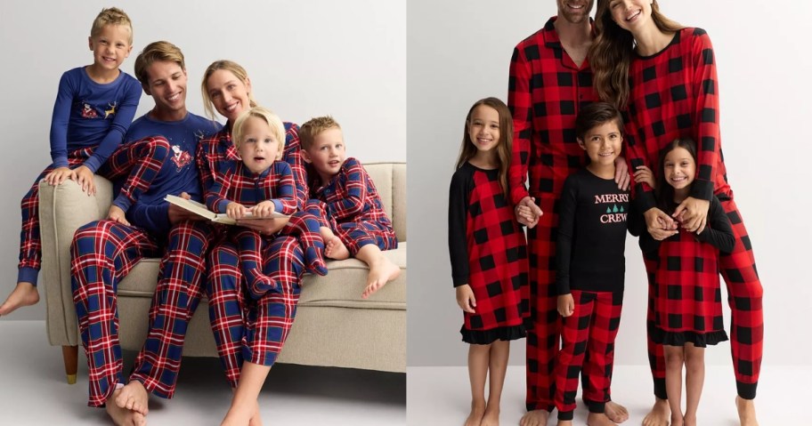 two families wearing matching plaid Christmas pajamas