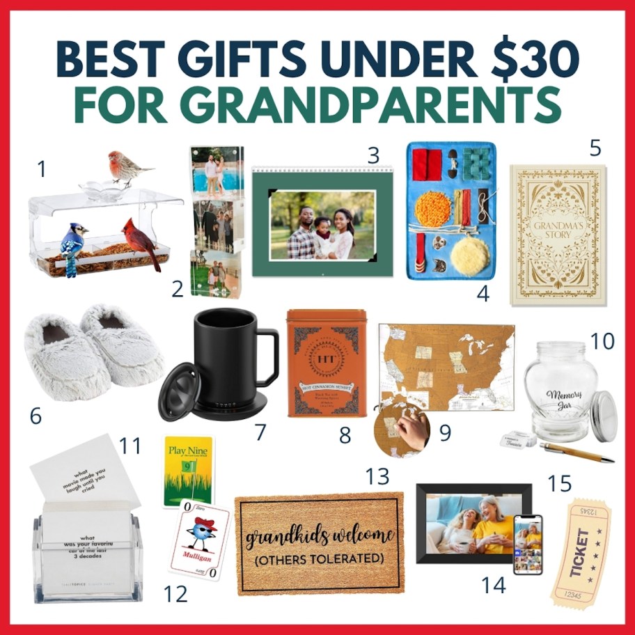 best gifts under $30 for grandparents with various gifts with numbers