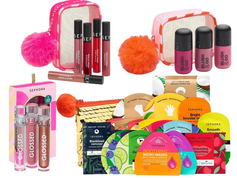 four Sephora beauty gift sets, lip stain, blush, lip gloss, and face masks