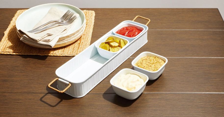 Better Homes & Gardens Galvanized Rectangle Condiment Tray on table
