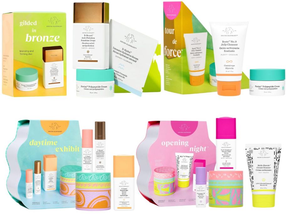 Several tubes, canisters, and bottles of skincare gift set items in light colors