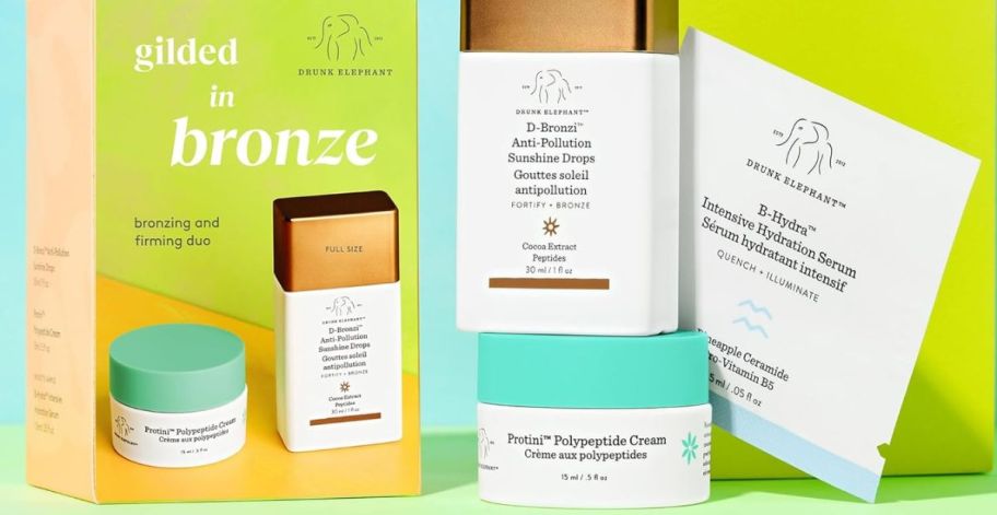 Drunk Elephant canisters and bottles of face products 