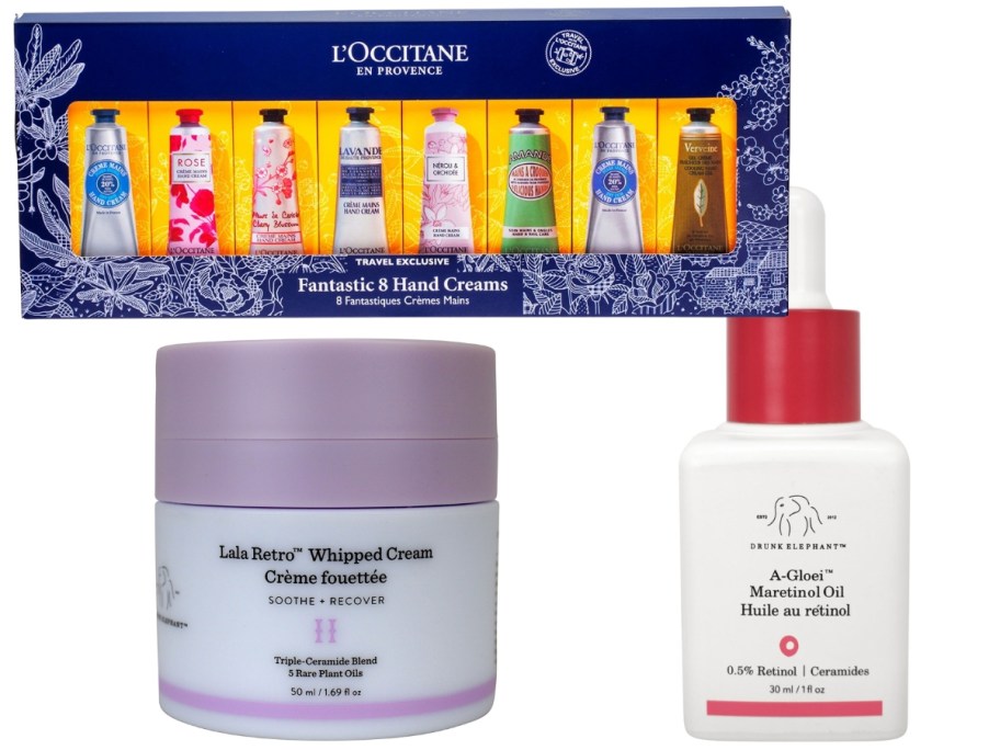 l'occitane hand cream and drunk elephant whipped cream and oil stock images