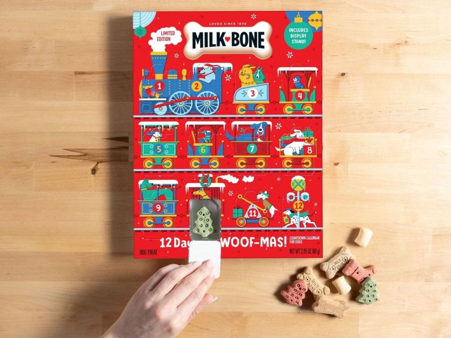 A person's hand opening up a dog advent candle window