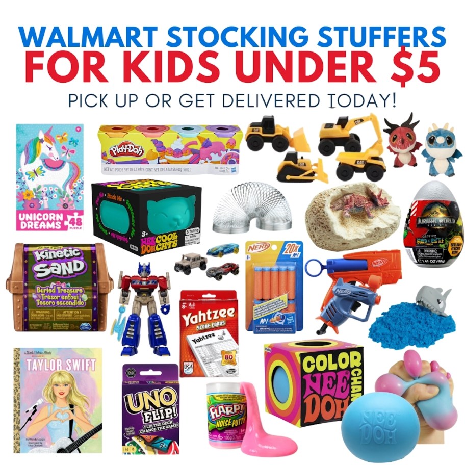 collage of walmart stocking stuffers for kids under five dollars