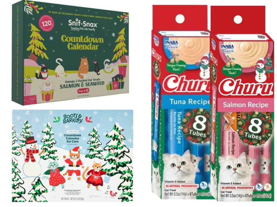 Several holiday treat and advent boxes for cats