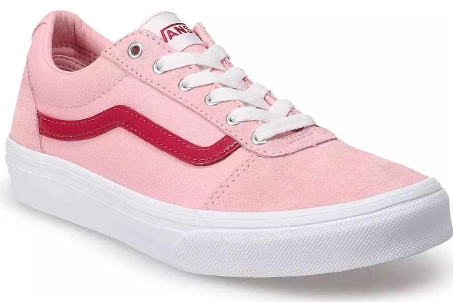 A pink and red Vans shoe with laces