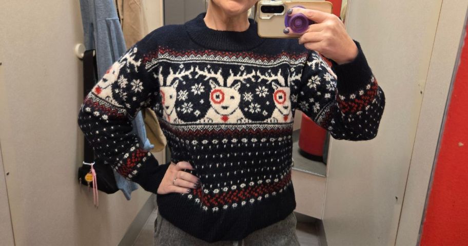 woman wearing target bullseye holiday sweater