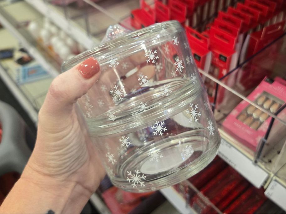 Glass Snowflake Jar in hand in store