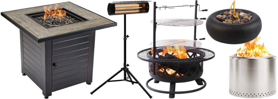 assorted firepits and a patio heater