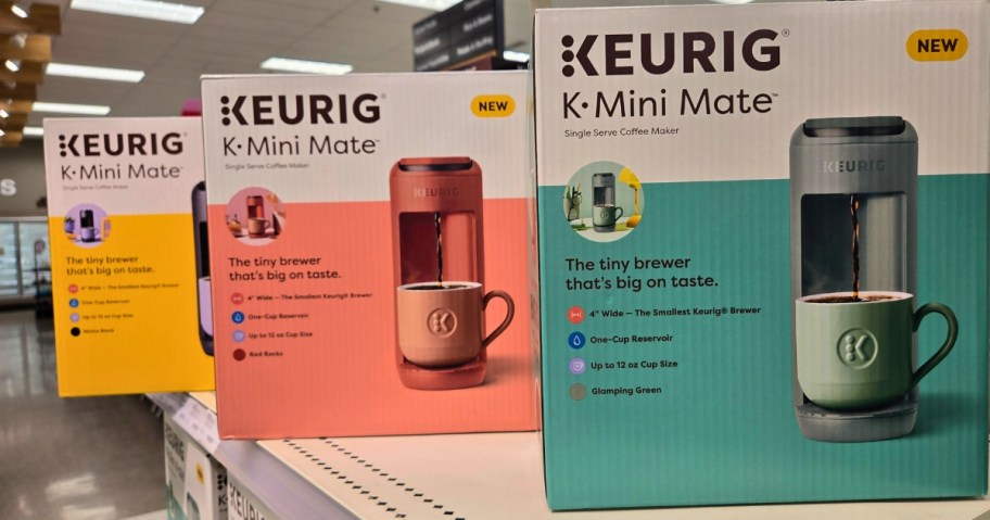 colorful Keurig K Mini Mate Coffee Machine boxes on store shelf
