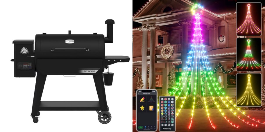 smoker and christmas lights in shape of tree