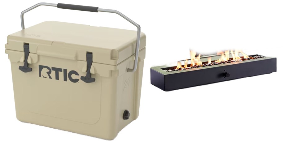 tan cooler and long tabletop fire pit