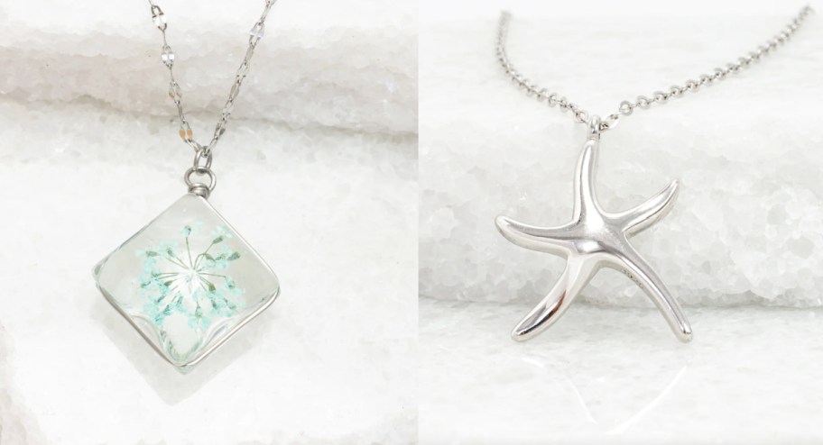 silver necklace with flower in it and silver starfish necklace