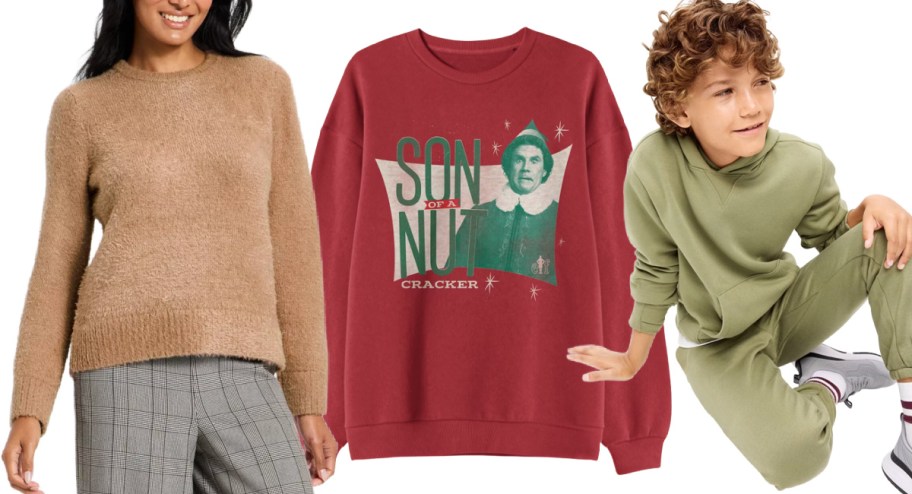 tan sweater elf sweater and kid in green joggers