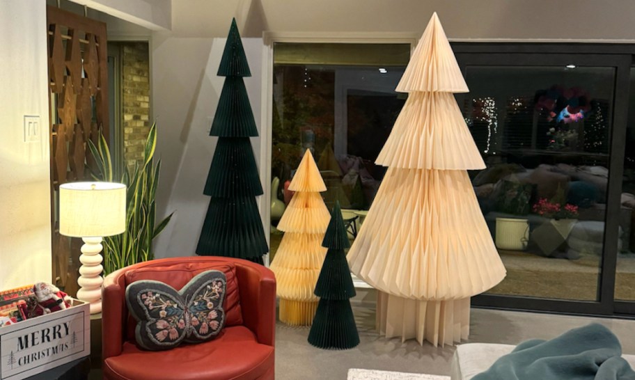 green and cream paper trees in living room