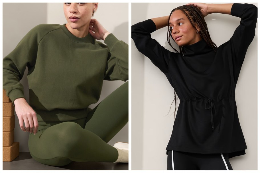 Athleta Easy Fleece Crew Sweatshirt and Allure Cinch Sweatshirt