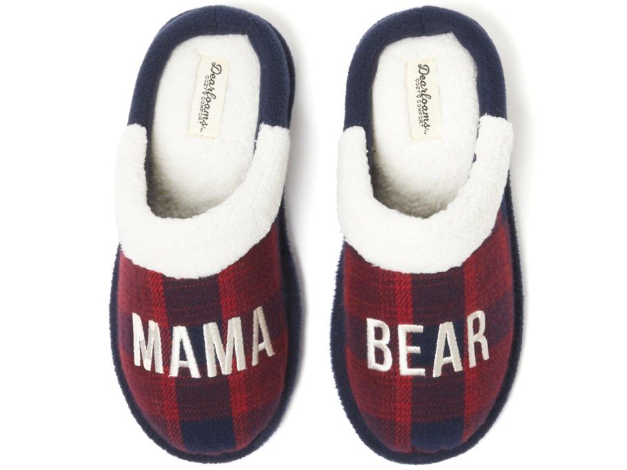 pair of red and blue plaid clog slippers that say "mama bear" on top