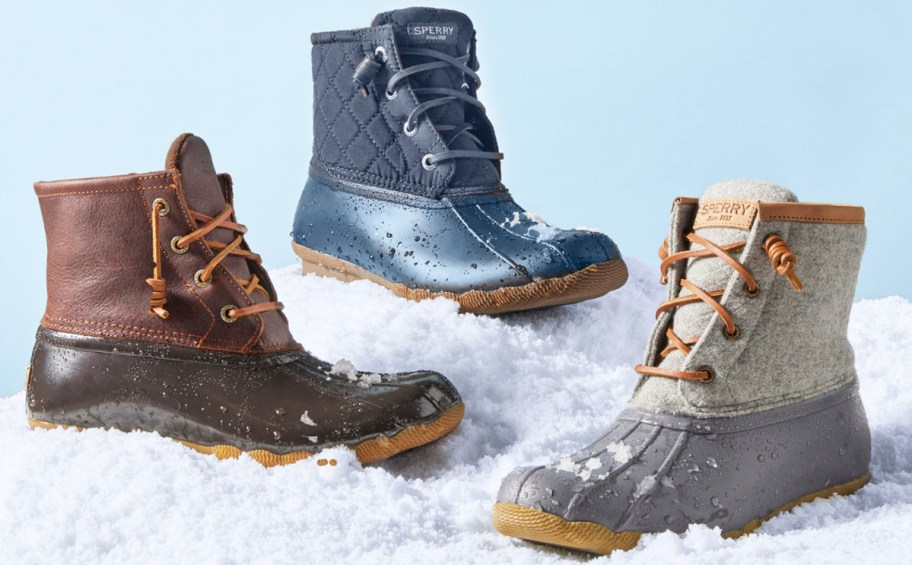 three sperry duck boots in snow