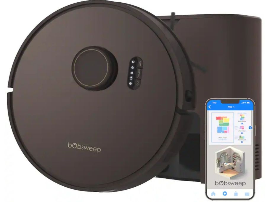 Stock image of a bobsweep robot vacuum, self-emptying bin and phone displaying the bobsweep app