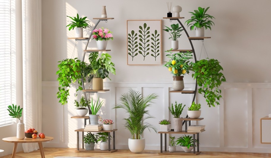double half moon plant stands loaded with plants showing grow lights on