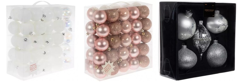 white, pink, and silver ornament boxes 